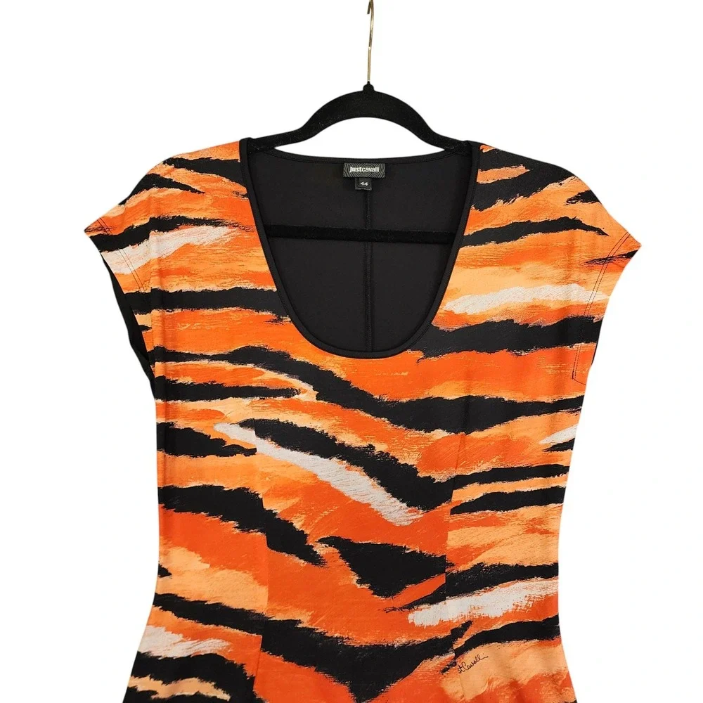 Just Cavalli Womens Animal Print Jersey‎ Knit Mini Dress Size Large Black Orange - Picture 2 of 13